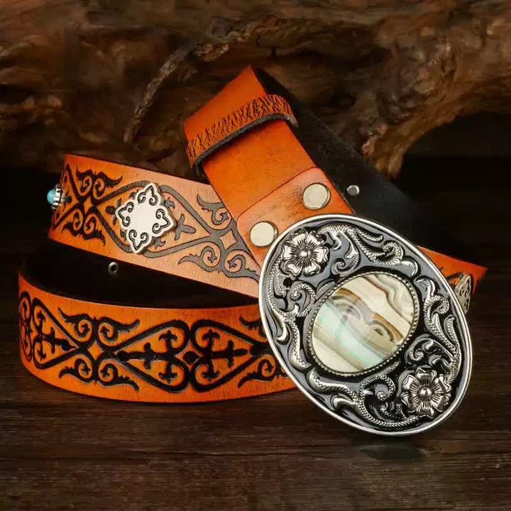 Ethnic Look Orange Embossed Pattern Leather Belt - Orange - 40 - image 0