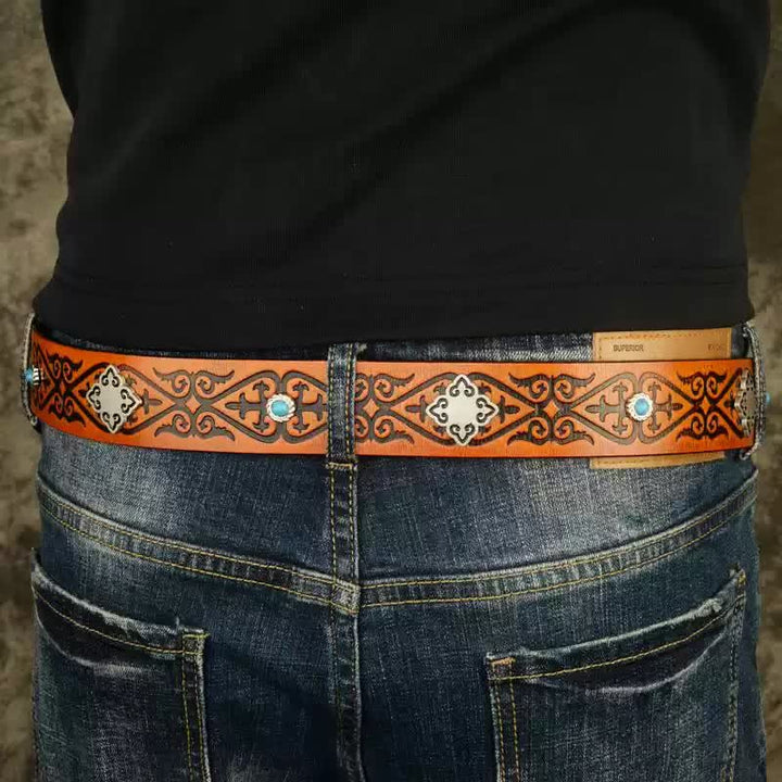Ethnic Look Orange Embossed Pattern Leather Belt - image 2