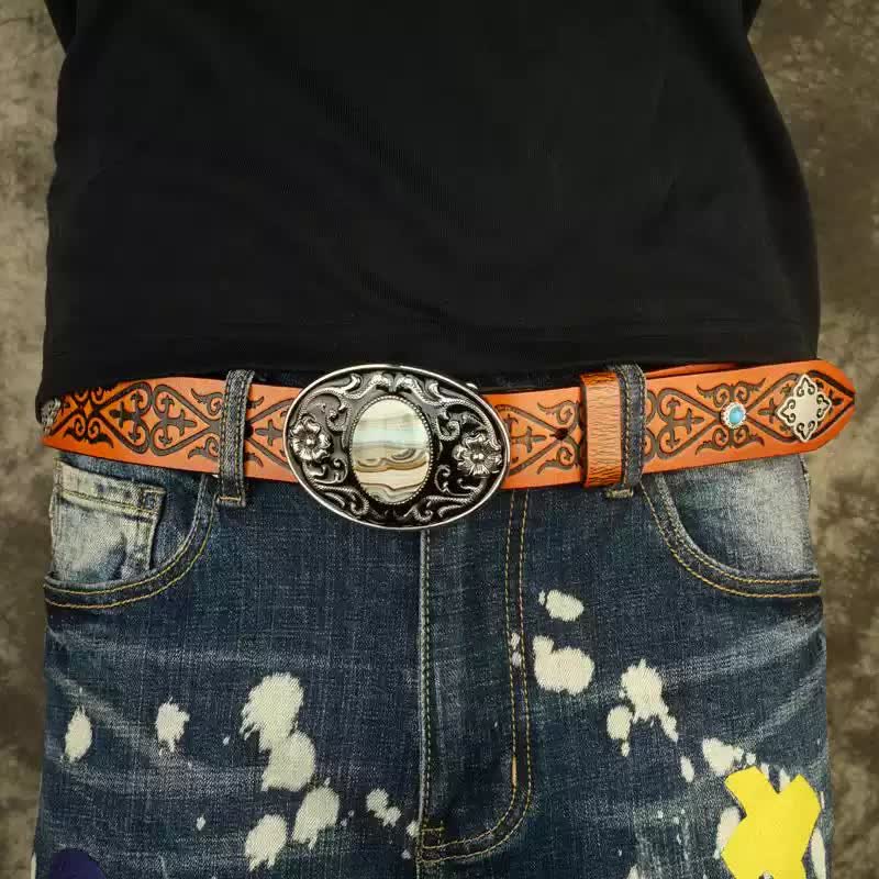 Ethnic Look Orange Embossed Pattern Leather Belt - image 1
