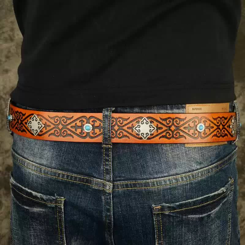 Ethnic Look Orange Embossed Pattern Leather Belt - image 2