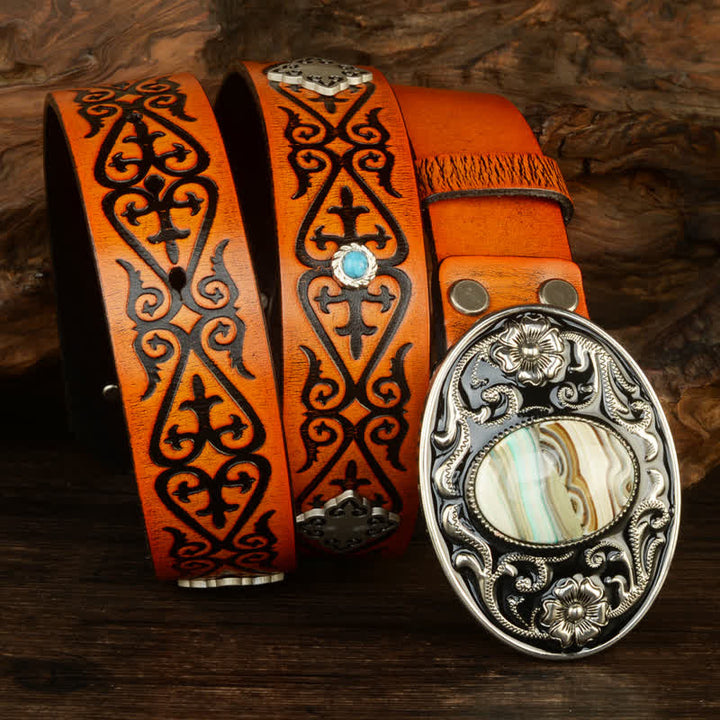 Ethnic Look Orange Embossed Pattern Leather Belt - image 3