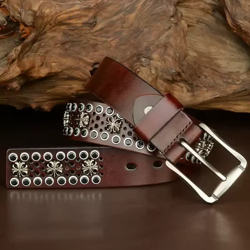 Hip-Hop Hollow Flower Vintage Studded Leather Belt - Brown - 40 - image 0