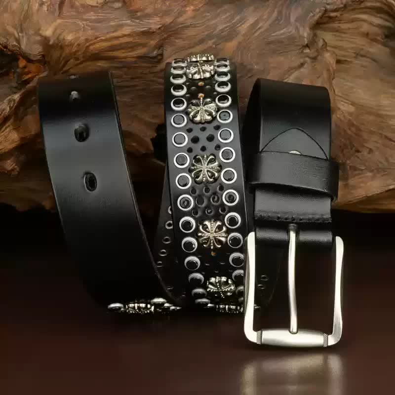 Hip-Hop Hollow Flower Vintage Studded Leather Belt - Black - 40 - image 4