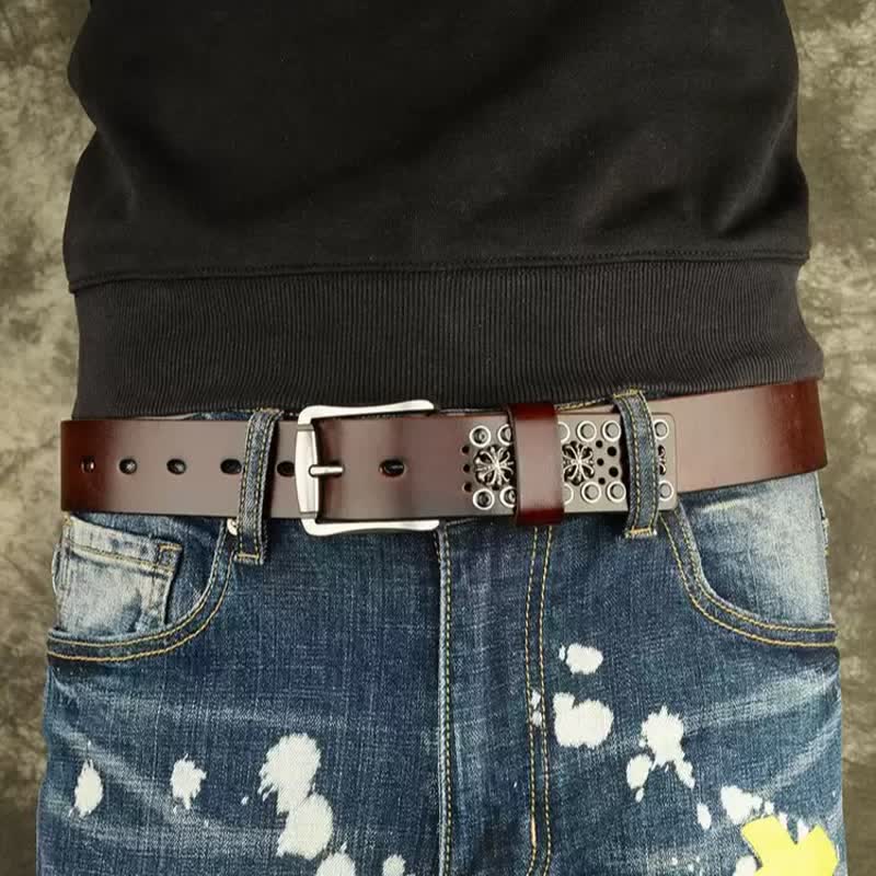 Hip-Hop Hollow Flower Vintage Studded Leather Belt - image 1