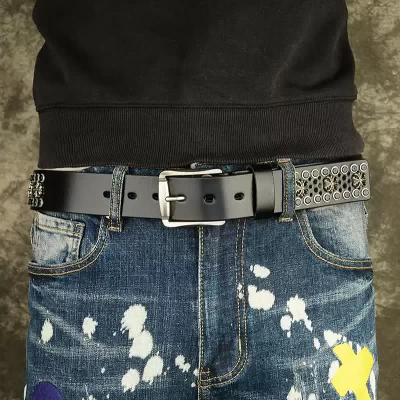 Hip-Hop Hollow Flower Vintage Studded Leather Belt - image 5