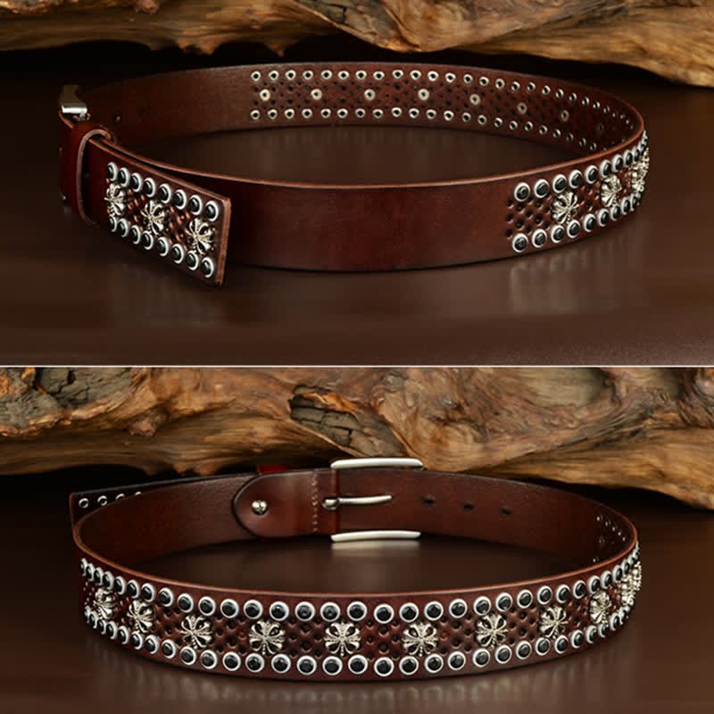Hip-Hop Hollow Flower Vintage Studded Leather Belt - image 3