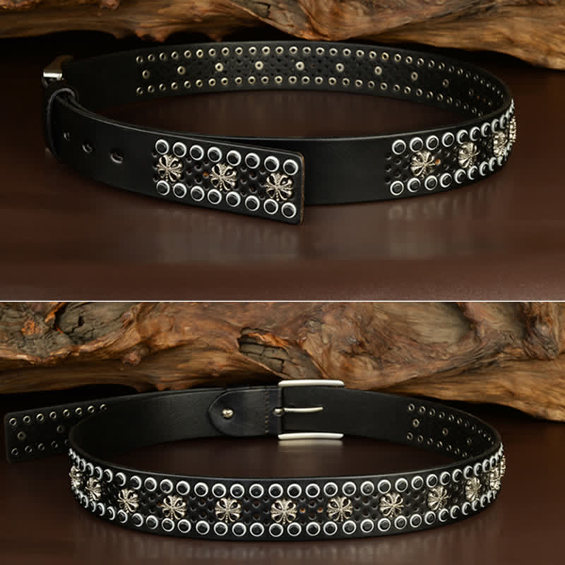 Hip-Hop Hollow Flower Vintage Studded Leather Belt - image 6