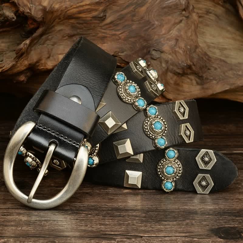 Stylish Turquoise Studded Geometric Rivets Leather Belt - Black - 42 - image 0