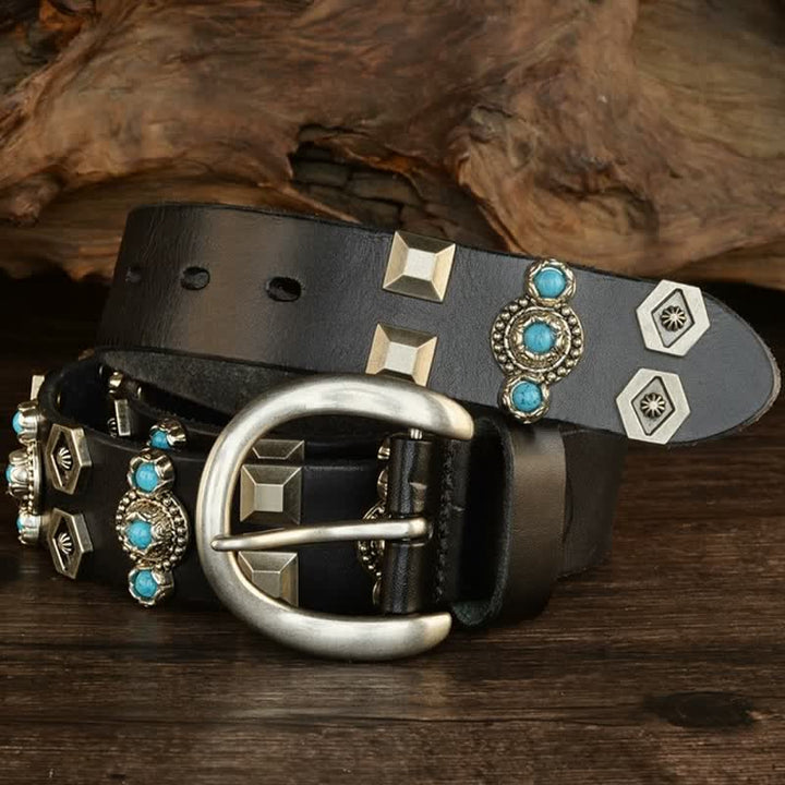 Stylish Turquoise Studded Geometric Rivets Leather Belt - image 4