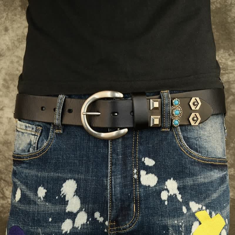 Stylish Turquoise Studded Geometric Rivets Leather Belt - image 1