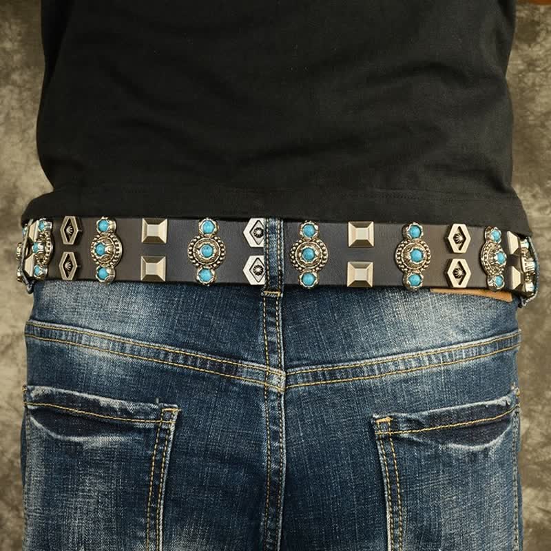 Stylish Turquoise Studded Geometric Rivets Leather Belt - image 2