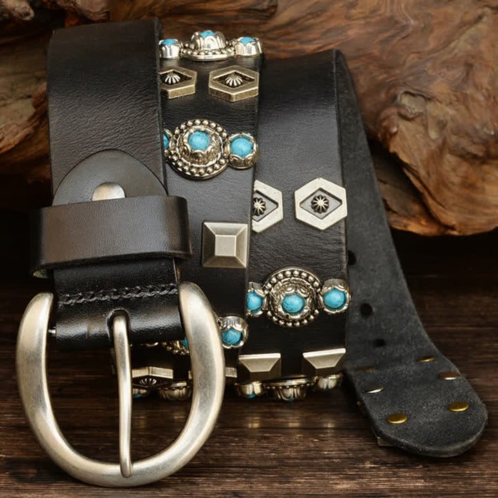 Stylish Turquoise Studded Geometric Rivets Leather Belt - image 3