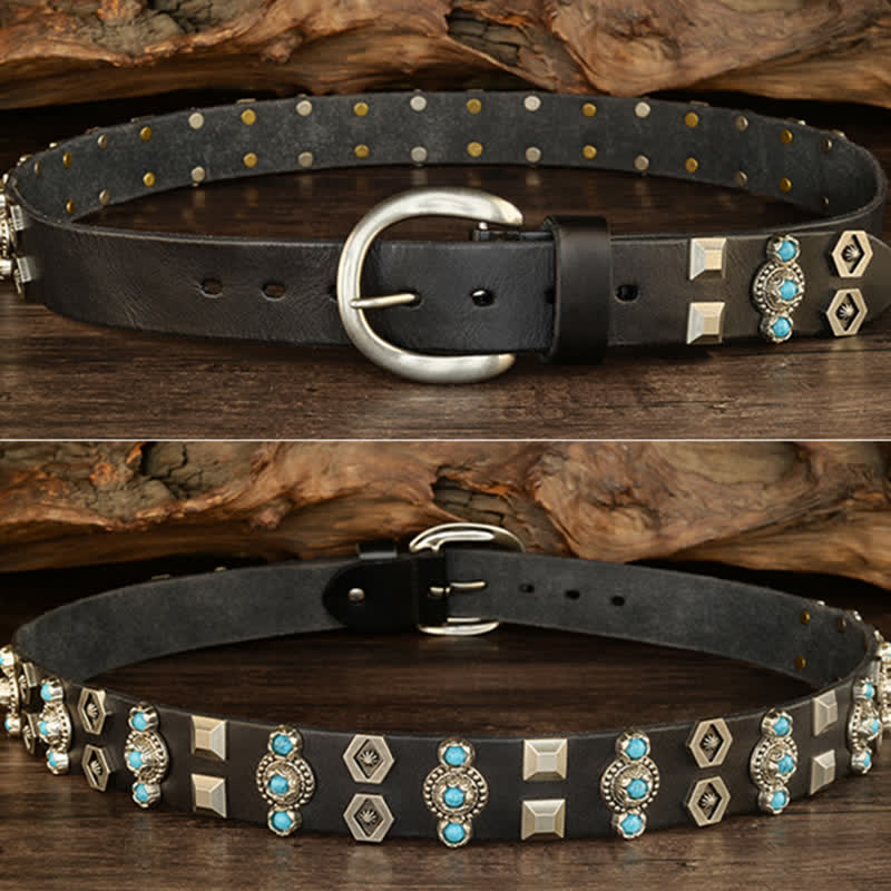 Stylish Turquoise Studded Geometric Rivets Leather Belt - image 5