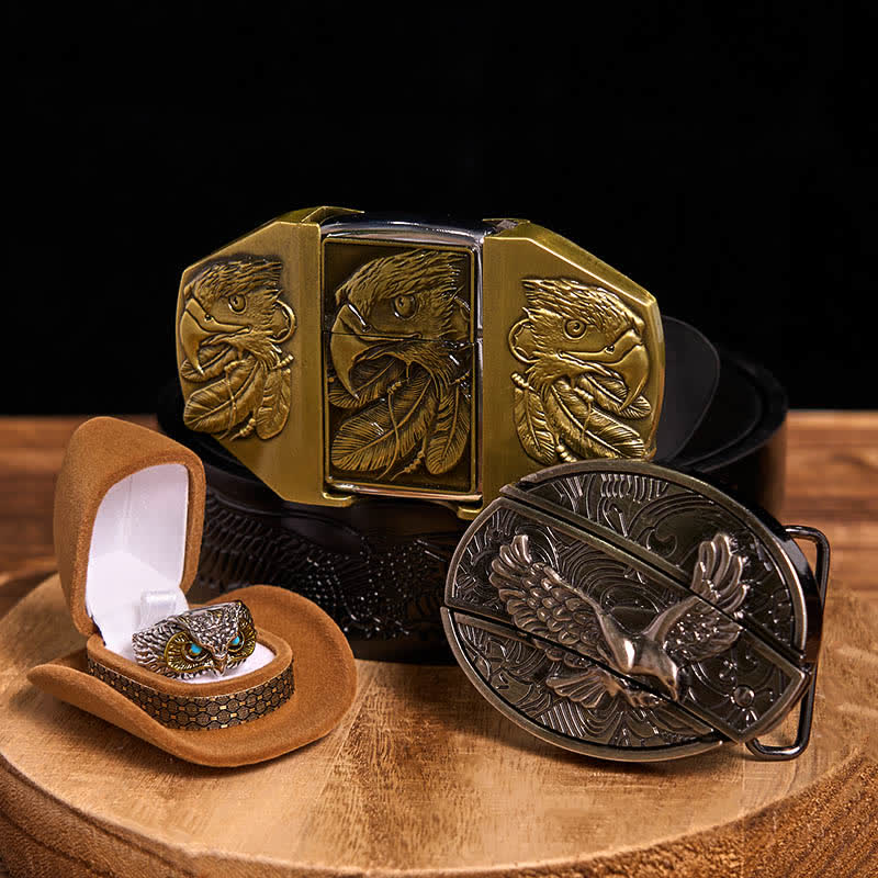 Eagle Theme DIY Hidden Knife Belt Buckle Lighter Ring Bundle Set - Eagle - Black Embossed Eagle Belt - 42 - image 0