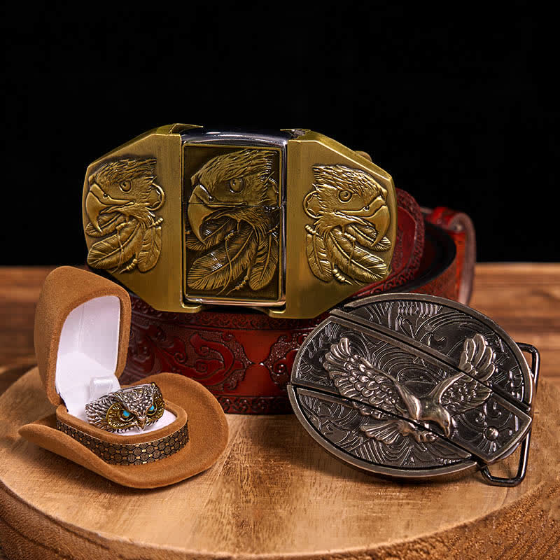 Eagle Theme DIY Hidden Knife Belt Buckle Lighter Ring Bundle Set - Eagle - Brown Carved Belt - 42 - image 7