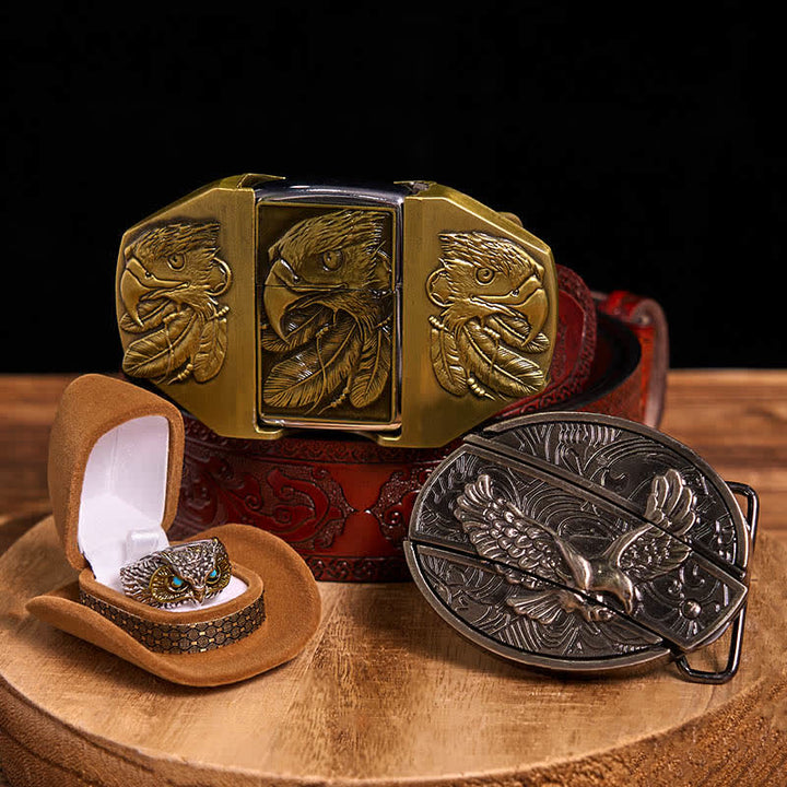 Eagle Theme DIY Hidden Knife Belt Buckle Lighter Ring Bundle Set - Eagle - Brown Carved Belt - 42 - image 7