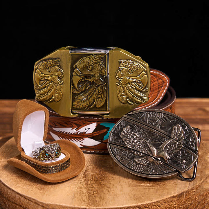 Eagle Theme DIY Hidden Knife Belt Buckle Lighter Ring Bundle Set - Eagle - Brown Feather Belt - 40 - image 8