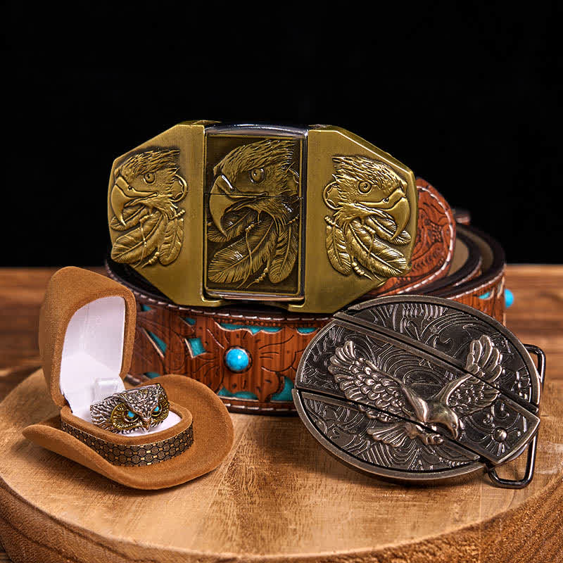 Eagle Theme DIY Hidden Knife Belt Buckle Lighter Ring Bundle Set - Eagle - Turquoise Carved Belt - 42 - image 4