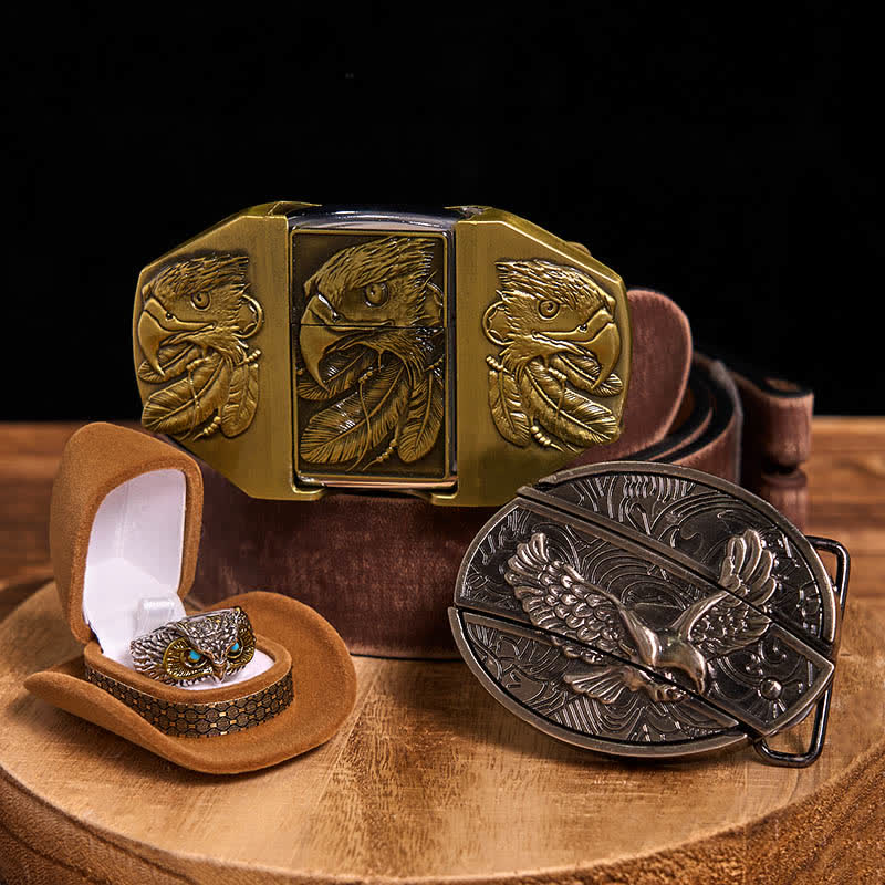 Eagle Theme DIY Hidden Knife Belt Buckle Lighter Ring Bundle Set - Eagle - Brown Distressed Belt - 42 - image 6