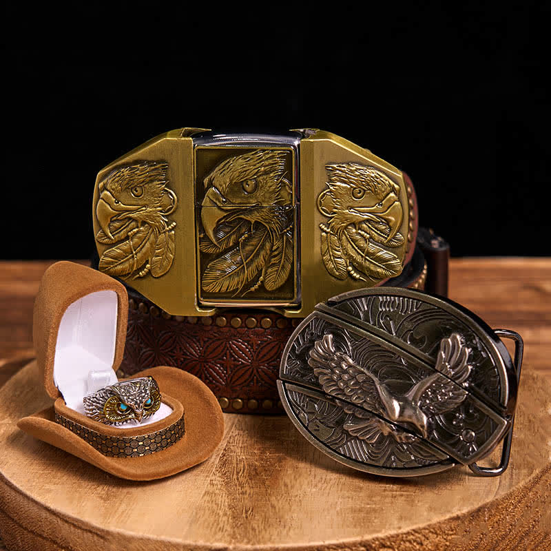 Eagle Theme DIY Hidden Knife Belt Buckle Lighter Ring Bundle Set - Eagle - Brown Rivet Belt - 42 - image 5