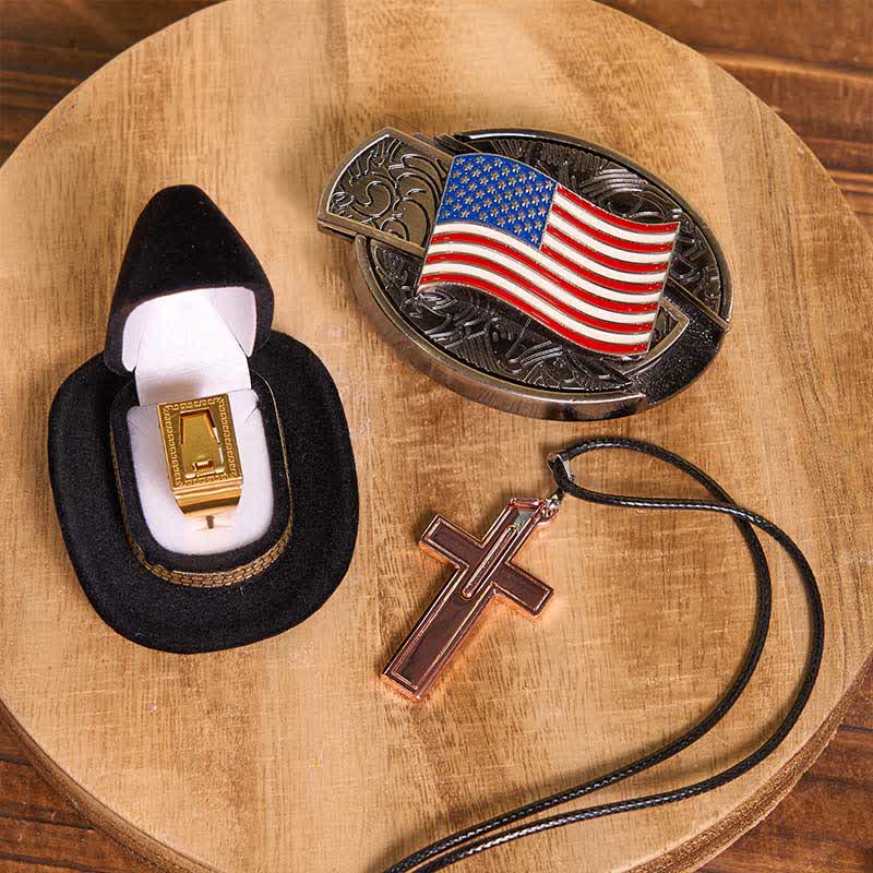 DIY American Flag Hidden Knife Belt Buckle Cross Necklace Blade Ring Bundle Set - USA Flag - Without Belt - Not Include Belt - image 1