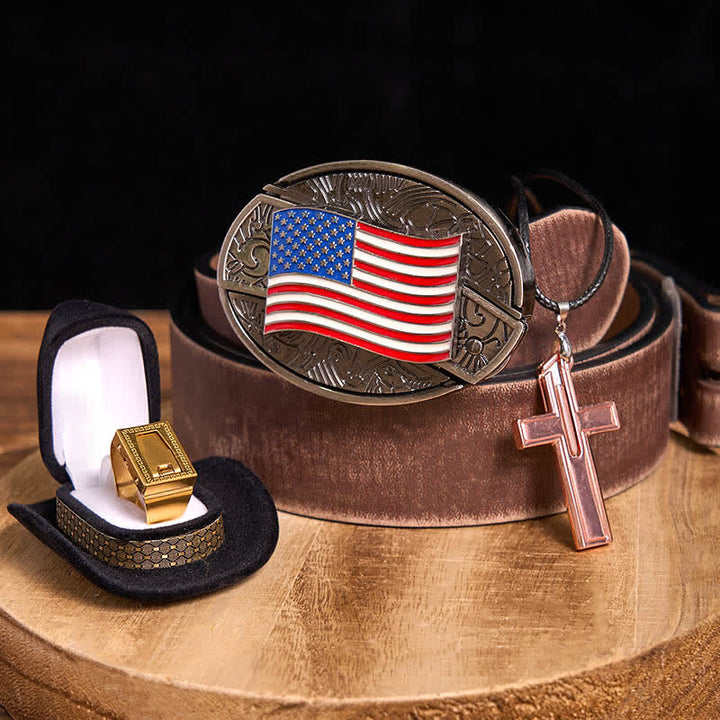 DIY American Flag Hidden Knife Belt Buckle Cross Necklace Blade Ring Bundle Set - USA Flag - Brown Distressed Belt - 42 - image 5