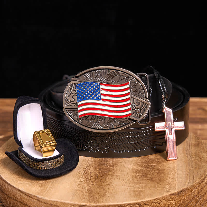 DIY American Flag Hidden Knife Belt Buckle Cross Necklace Blade Ring Bundle Set - USA Flag - Black Embossed Eagle Belt - 42 - image 0