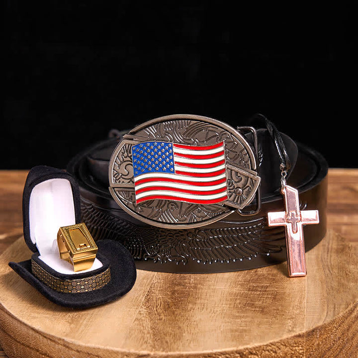 DIY American Flag Hidden Knife Belt Buckle Cross Necklace Blade Ring Bundle Set - USA Flag - Black Embossed Eagle Belt - 42 - image 0