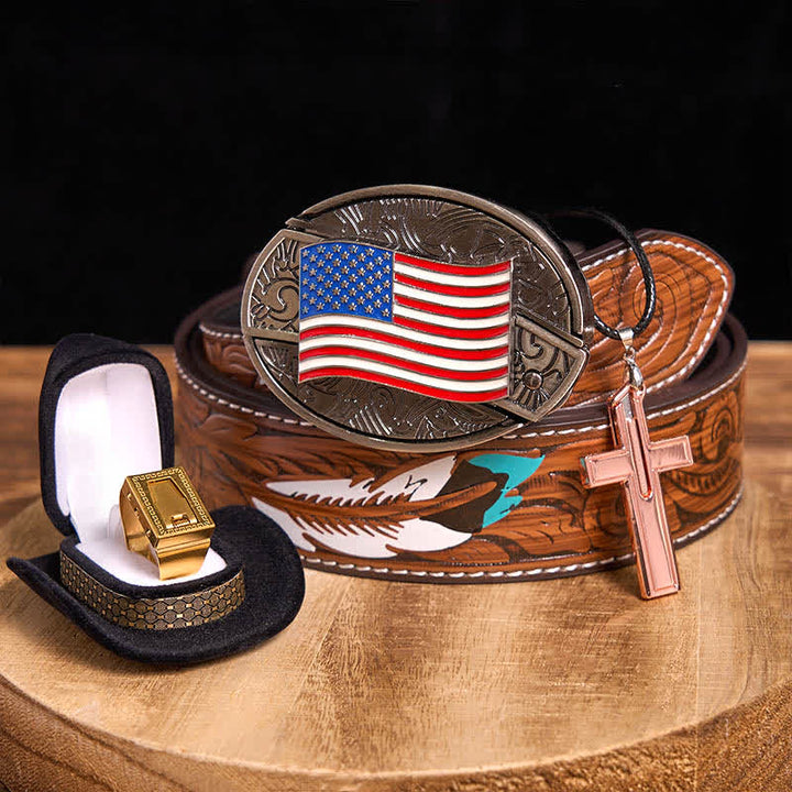 DIY American Flag Hidden Knife Belt Buckle Cross Necklace Blade Ring Bundle Set - USA Flag - Brown Feather Belt - 40 - image 6
