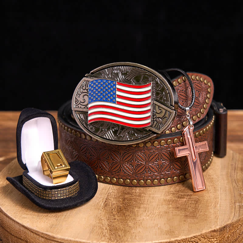DIY American Flag Hidden Knife Belt Buckle Cross Necklace Blade Ring Bundle Set - USA Flag - Brown Rivet Belt - 42 - image 4