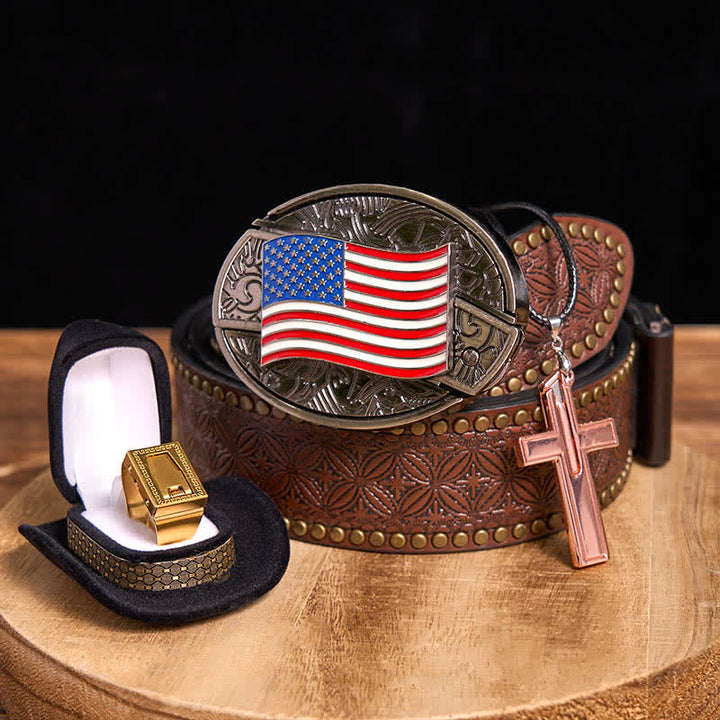 DIY American Flag Hidden Knife Belt Buckle Cross Necklace Blade Ring Bundle Set - USA Flag - Brown Rivet Belt - 42 - image 4
