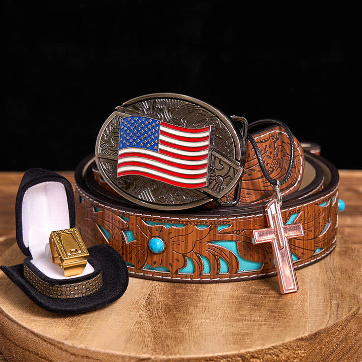 DIY American Flag Hidden Knife Belt Buckle Cross Necklace Blade Ring Bundle Set - USA Flag - Turquoise Carved Belt - 42 - image 3