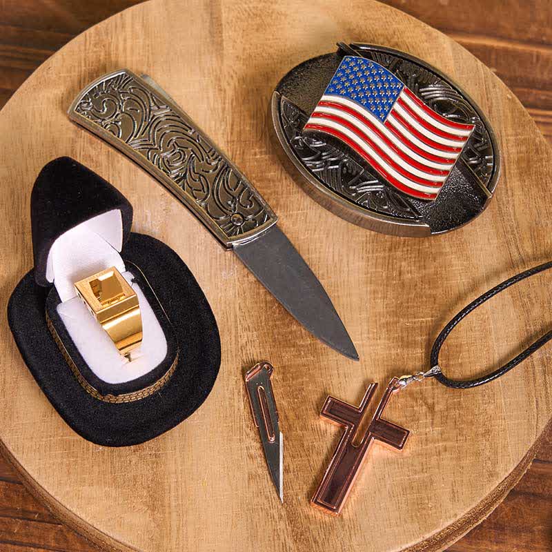 DIY American Flag Hidden Knife Belt Buckle Cross Necklace Blade Ring Bundle Set - image 2