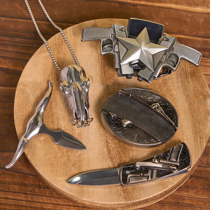 DIY Dual Guns Hidden Knife Belt Buckle Bull Pendant Kerosene Lighter Bundle Set - image 2