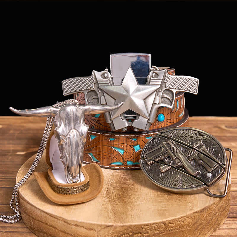 DIY Dual Guns Hidden Knife Belt Buckle Bull Pendant Kerosene Lighter Bundle Set - Dual Guns - Turquoise Carved Belt - 42 - image 0