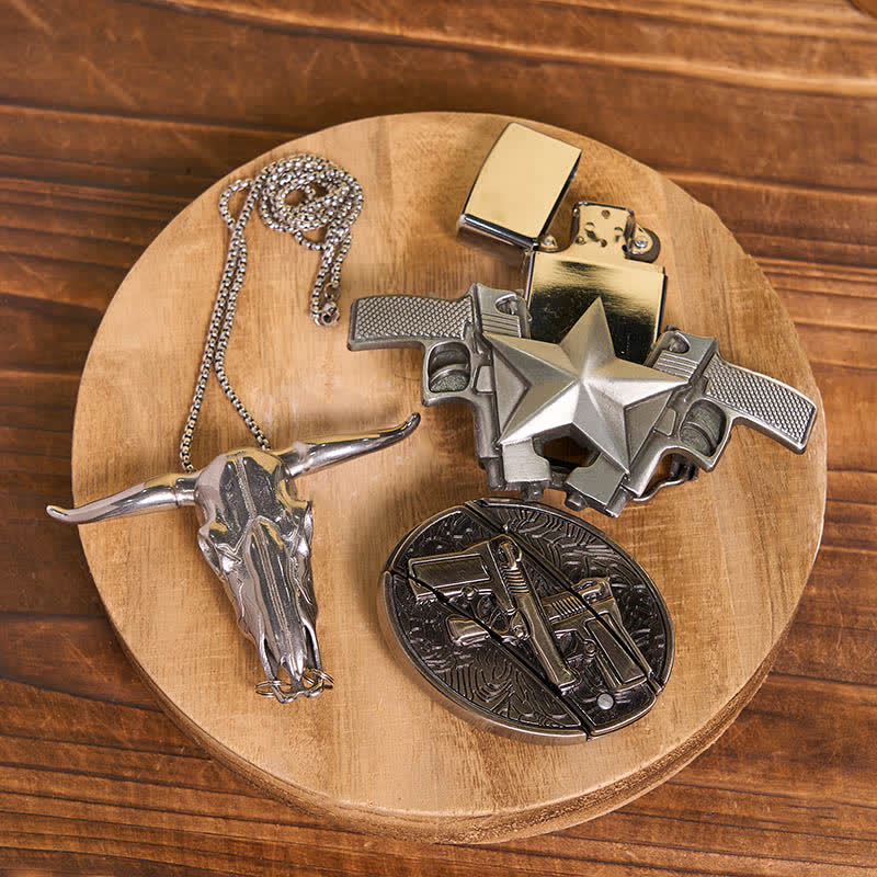 DIY Dual Guns Hidden Knife Belt Buckle Bull Pendant Kerosene Lighter Bundle Set - image 3