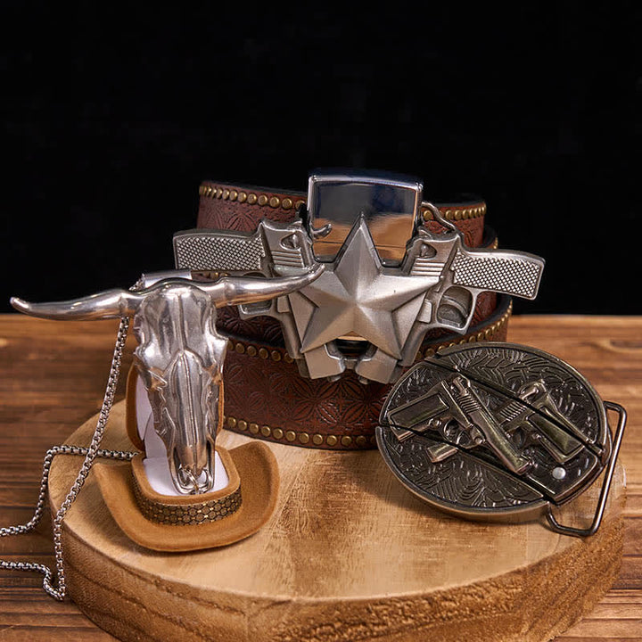 DIY Dual Guns Hidden Knife Belt Buckle Bull Pendant Kerosene Lighter Bundle Set - Dual Guns - Brown Rivet Belt - 42 - image 5