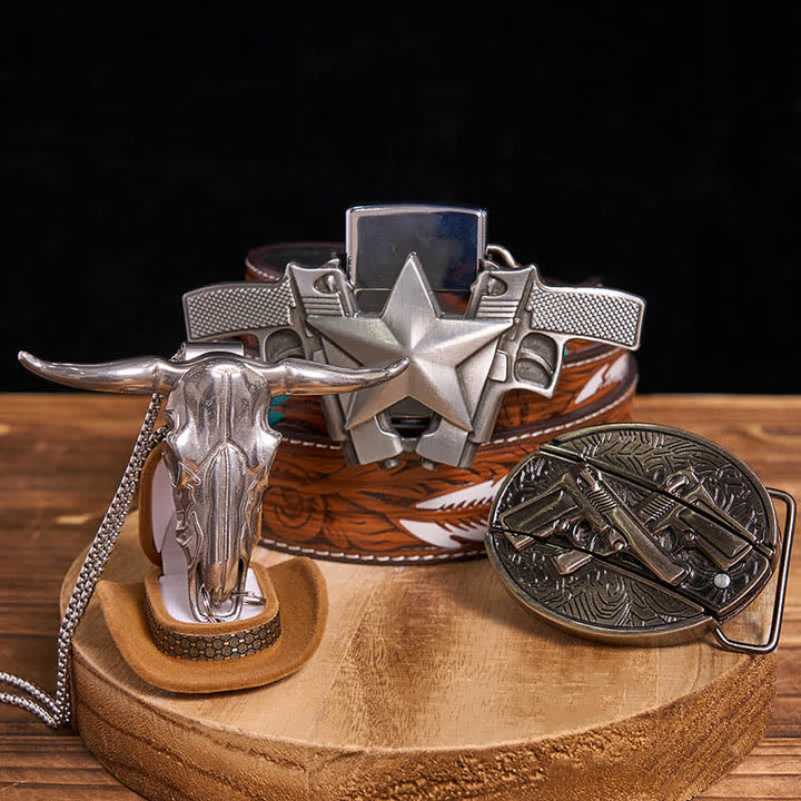 DIY Dual Guns Hidden Knife Belt Buckle Bull Pendant Kerosene Lighter Bundle Set - Dual Guns - Brown Feather Belt - 40 - image 8