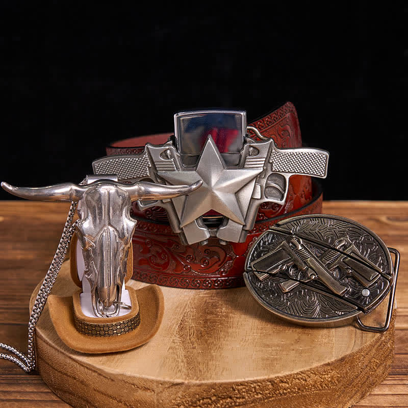 DIY Dual Guns Hidden Knife Belt Buckle Bull Pendant Kerosene Lighter Bundle Set - Dual Guns - Brown Carved Belt - 42 - image 7