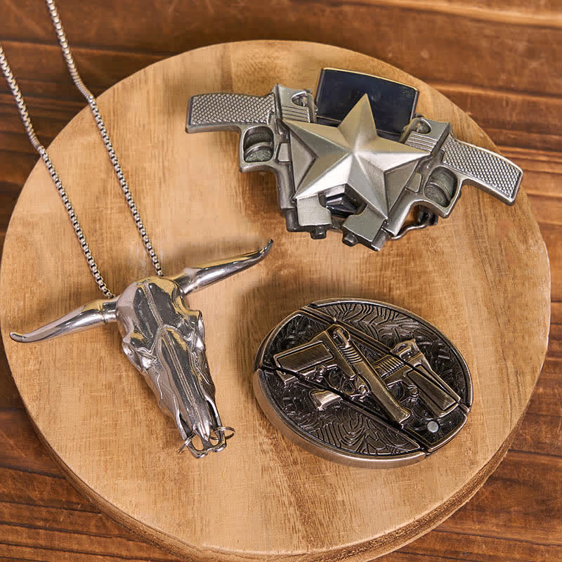 DIY Dual Guns Hidden Knife Belt Buckle Bull Pendant Kerosene Lighter Bundle Set - Dual Guns - Without Belt - Not Include Belt - image 1