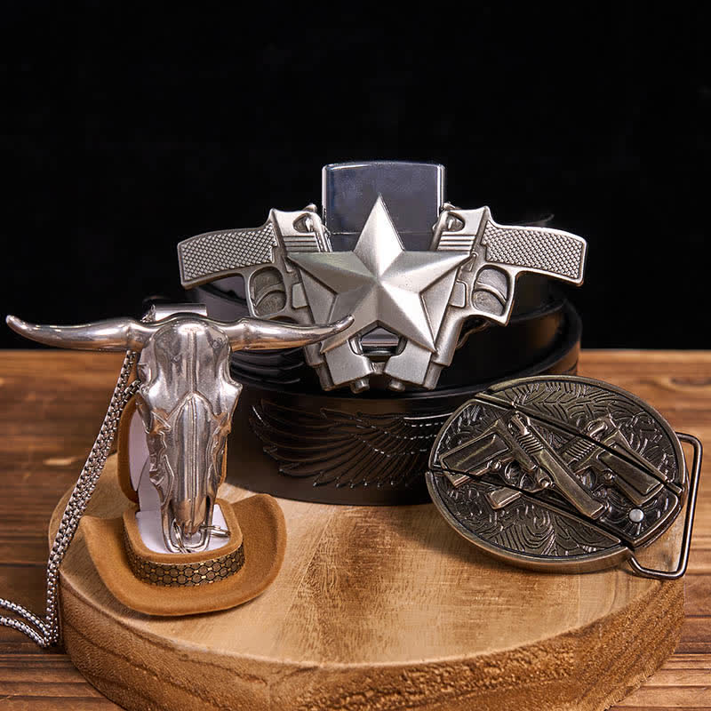 DIY Dual Guns Hidden Knife Belt Buckle Bull Pendant Kerosene Lighter Bundle Set - Dual Guns - Black Embossed Eagle Belt - 42 - image 4