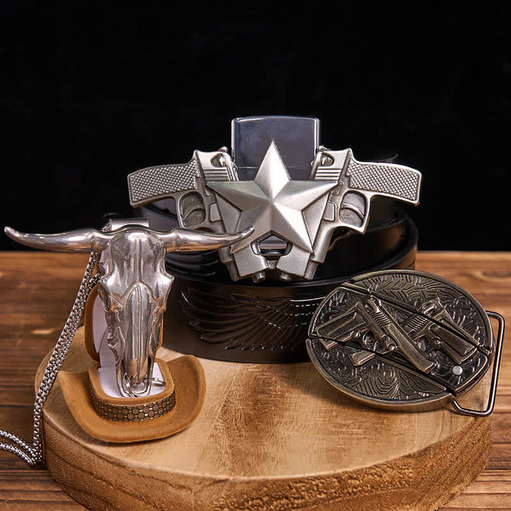 DIY Dual Guns Hidden Knife Belt Buckle Bull Pendant Kerosene Lighter Bundle Set - Dual Guns - Black Embossed Eagle Belt - 42 - image 4