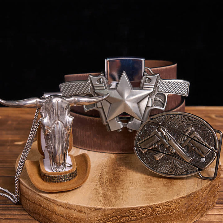 DIY Dual Guns Hidden Knife Belt Buckle Bull Pendant Kerosene Lighter Bundle Set - Dual Guns - Brown Distressed Belt - 42 - image 6
