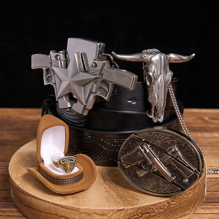 DIY Guns Hidden Knife Belt Buckle Bull Ring Pendant Kerosene Lighter Bundle Set - Dual Guns - Black Embossed Eagle Belt - 42 - image 4