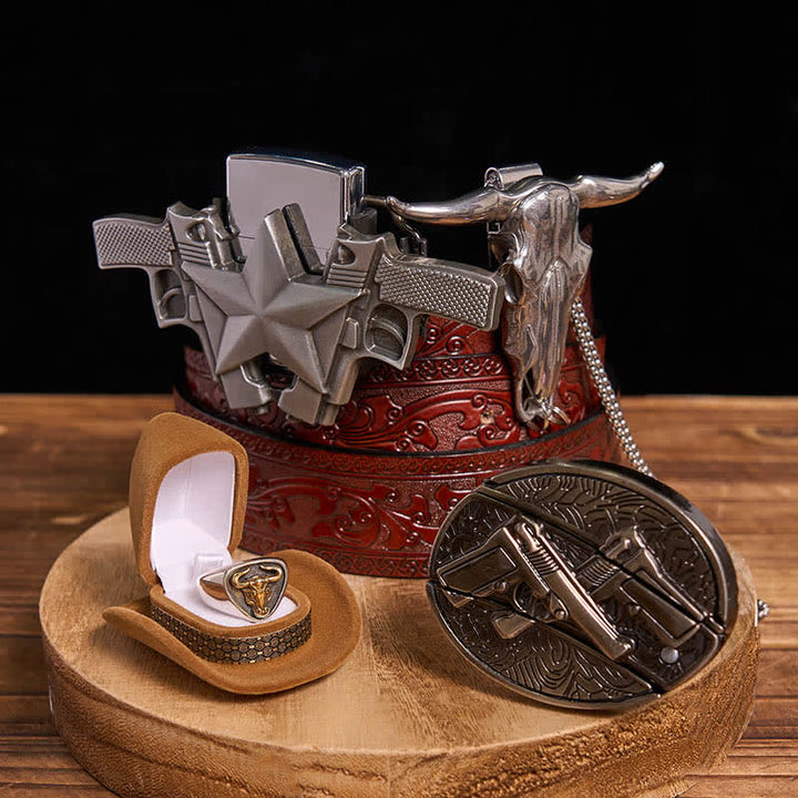 DIY Guns Hidden Knife Belt Buckle Bull Ring Pendant Kerosene Lighter Bundle Set - Dual Guns - Brown Carved Belt - 42 - image 8