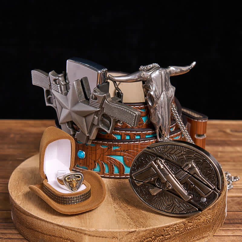 DIY Guns Hidden Knife Belt Buckle Bull Ring Pendant Kerosene Lighter Bundle Set - Dual Guns - Turquoise Carved Belt - 42 - image 5