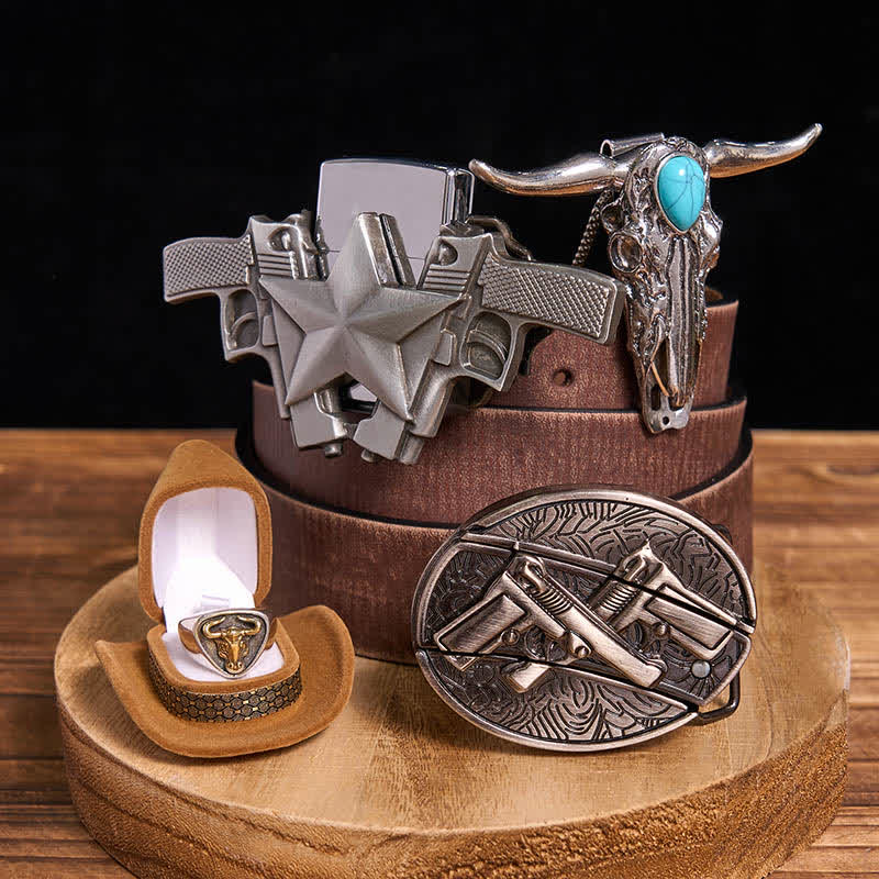 Turquoise Bull Pendant DIY Gun Hidden Knife Belt Buckle Ring Lighter Bundle Set - Dual Guns - Brown Distressed Belt - 42 - image 4