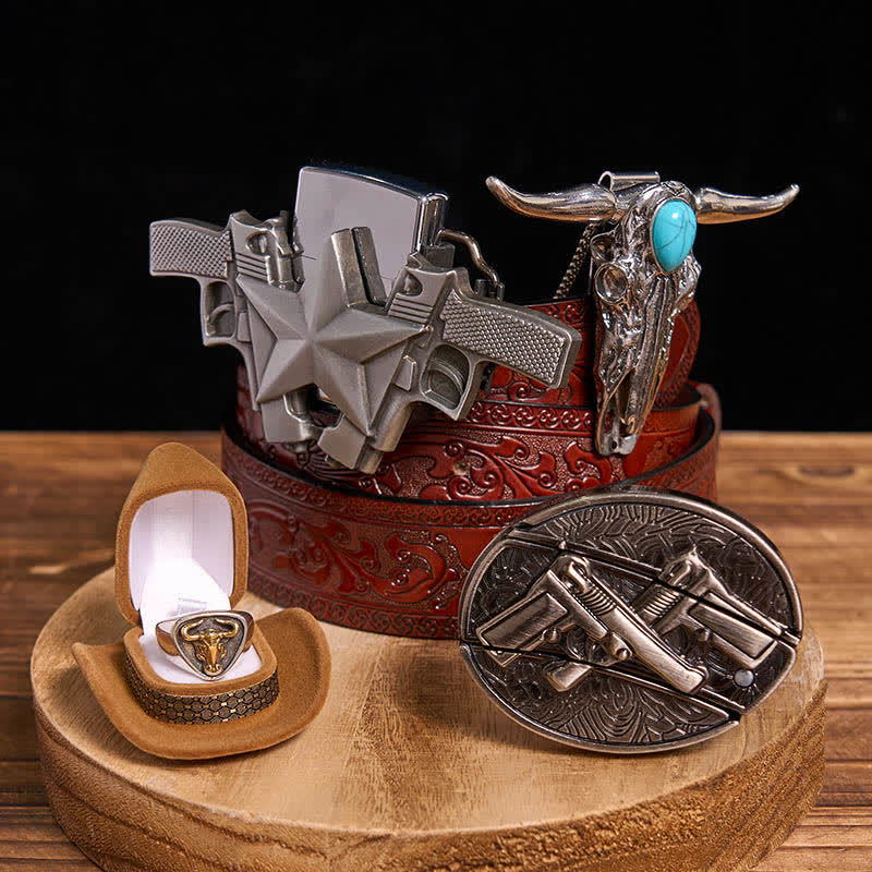 Turquoise Bull Pendant DIY Gun Hidden Knife Belt Buckle Ring Lighter Bundle Set (PRE-SALE) - Dual Guns - Brown Carved Belt - 42 - image 5