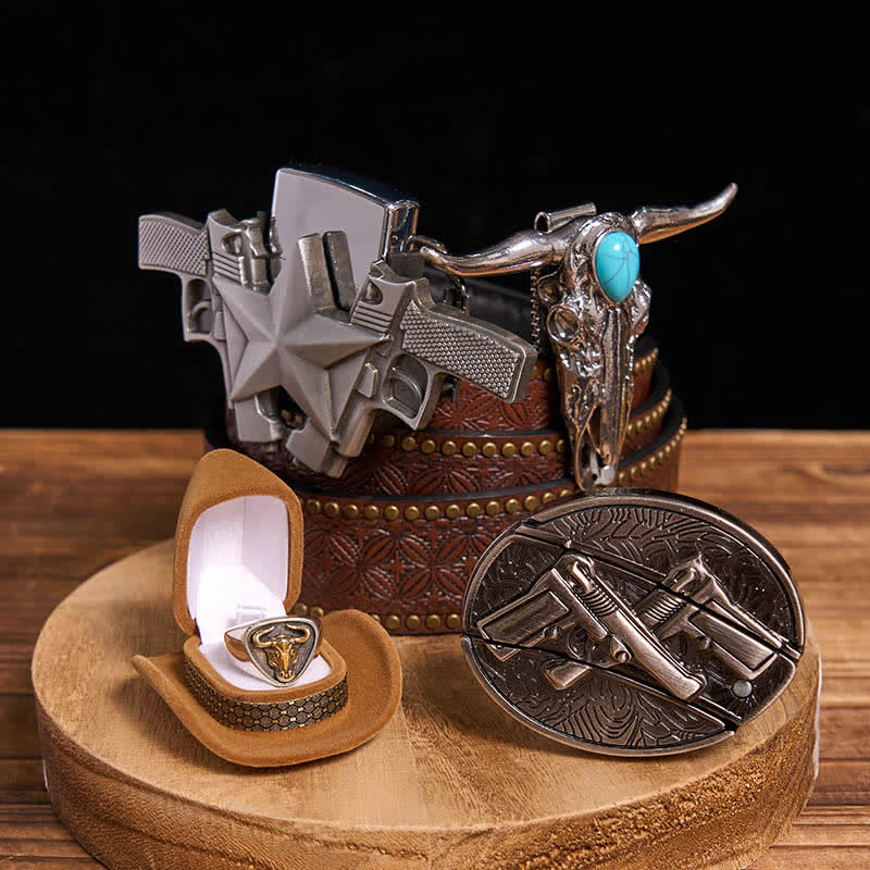 Turquoise Bull Pendant DIY Gun Hidden Knife Belt Buckle Ring Lighter Bundle Set (PRE-SALE) - Dual Guns - Brown Rivet Belt - 42 - image 3