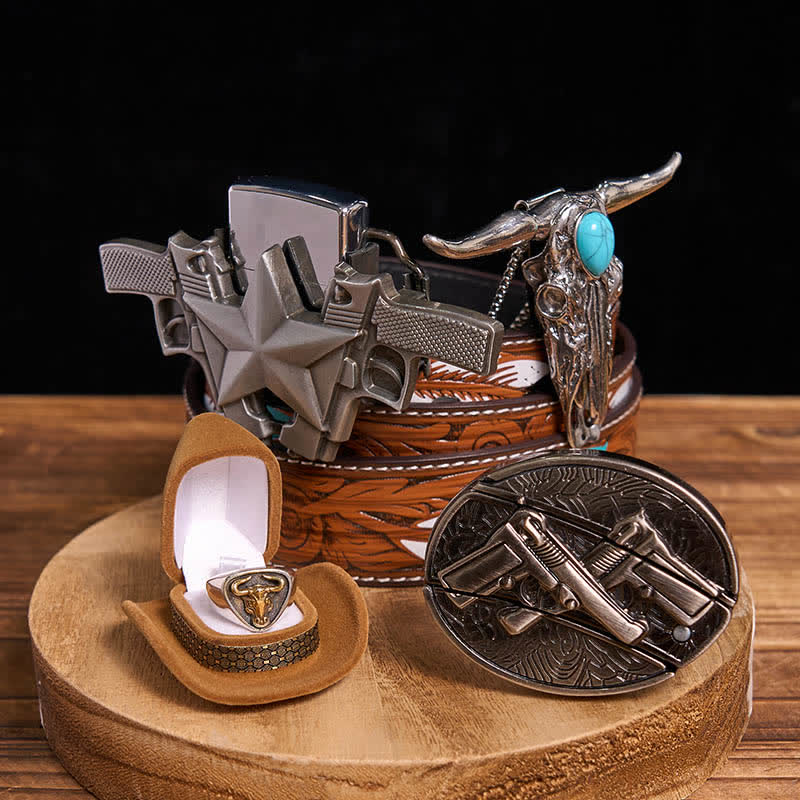 Turquoise Bull Pendant DIY Gun Hidden Knife Belt Buckle Ring Lighter Bundle Set - Dual Guns - Brown Feather Belt - 40 - image 0